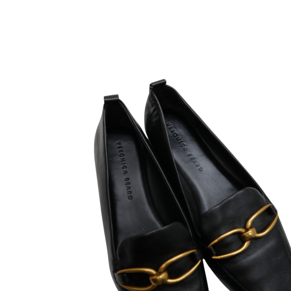 Veronica Beard Champlain Loafers 7 Black Leather Gold Horsebit Pointed Flats - Picture 5 of 8